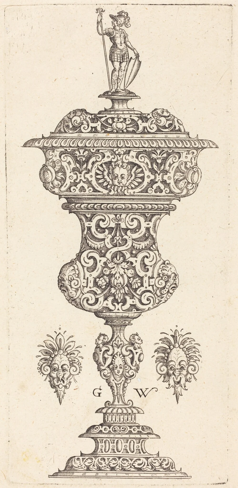 Goblet with lid surmounted by a Roman soldier, detail