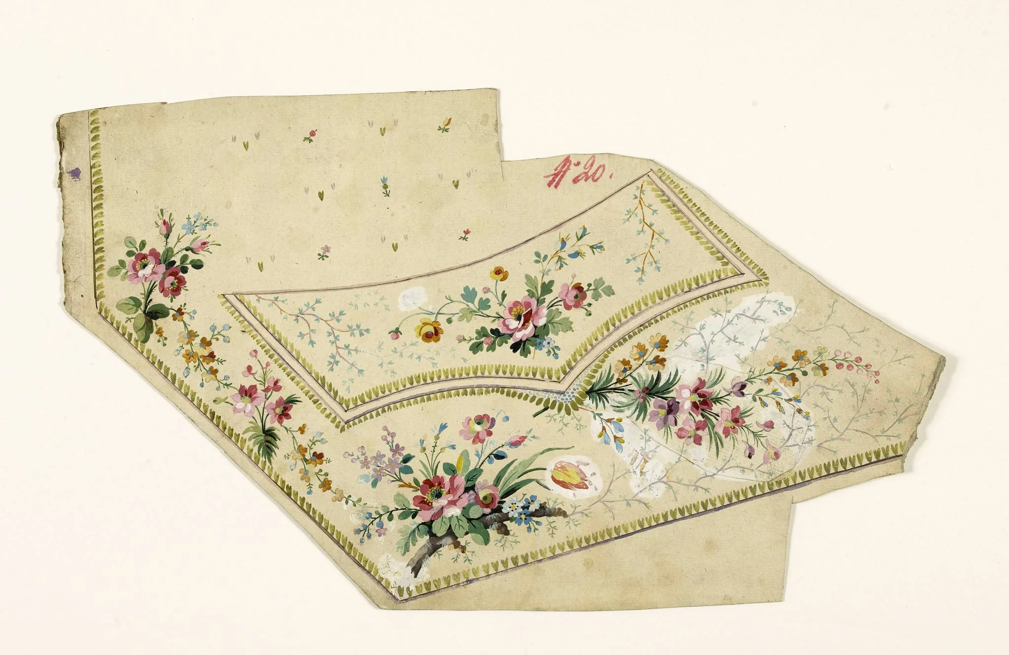 Composition de fleurs en bouquets et guirlandes de feuilles, projets de broderies de gilet, XVIIIème siècle, detail