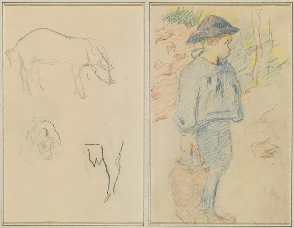 Three Studies of a Pig; Breton Boy Walking with a Jug [recto], by Paul Gauguin, graphite, 1886
