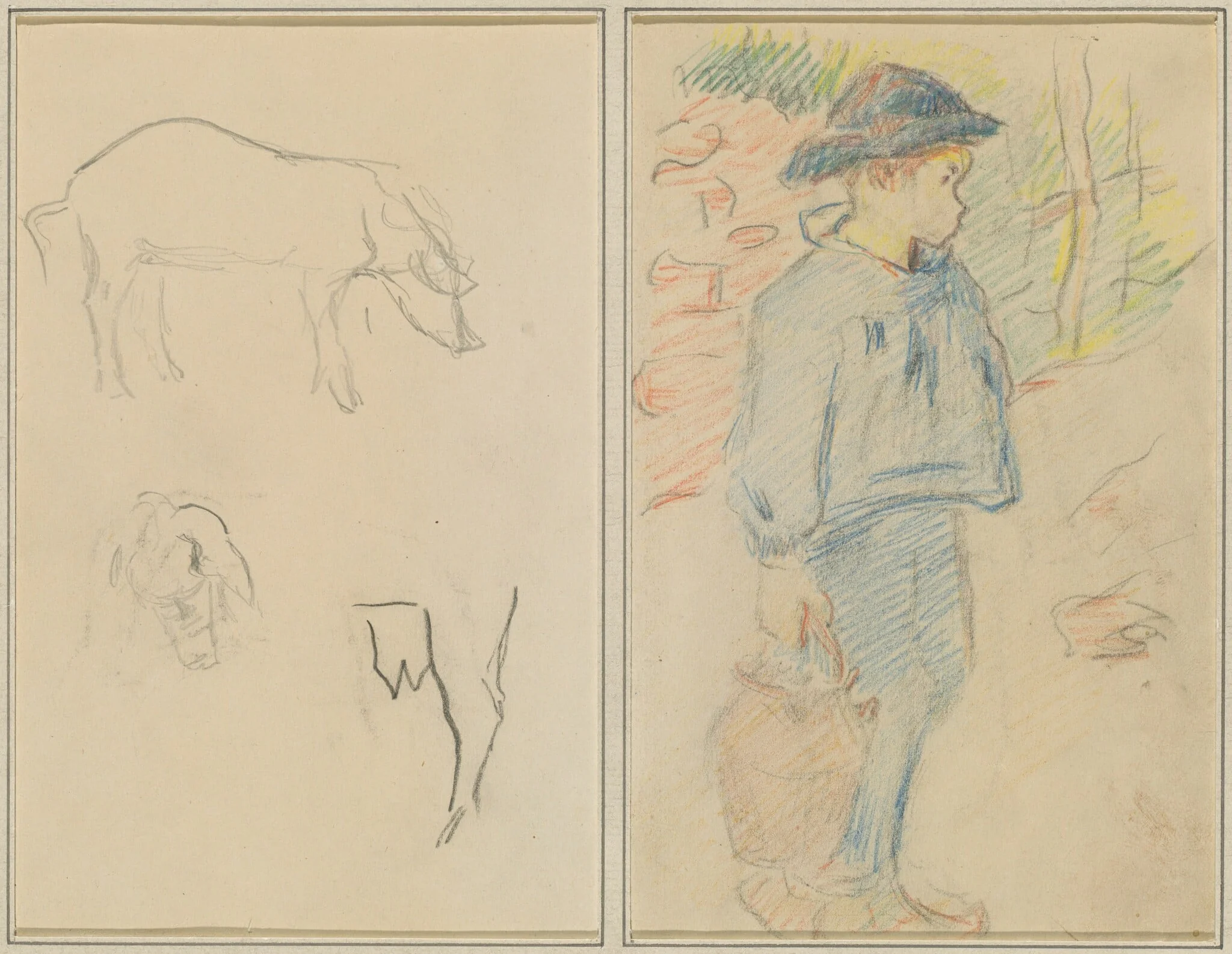 Three Studies of a Pig; Breton Boy Walking with a Jug [recto], detail