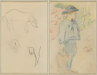Three Studies of a Pig; Breton Boy Walking with a Jug [recto], by Paul Gauguin, graphite, 1886