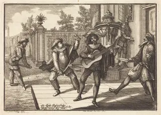 Scaramouche Distracts Pantalon, by Johann Balthasar Probst, ink, 1729