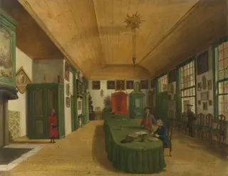 Interior of the Hall of the "Art Is Obtained by Labor Society" in Leiden, by Paulus Constantijn la Fargue, oil