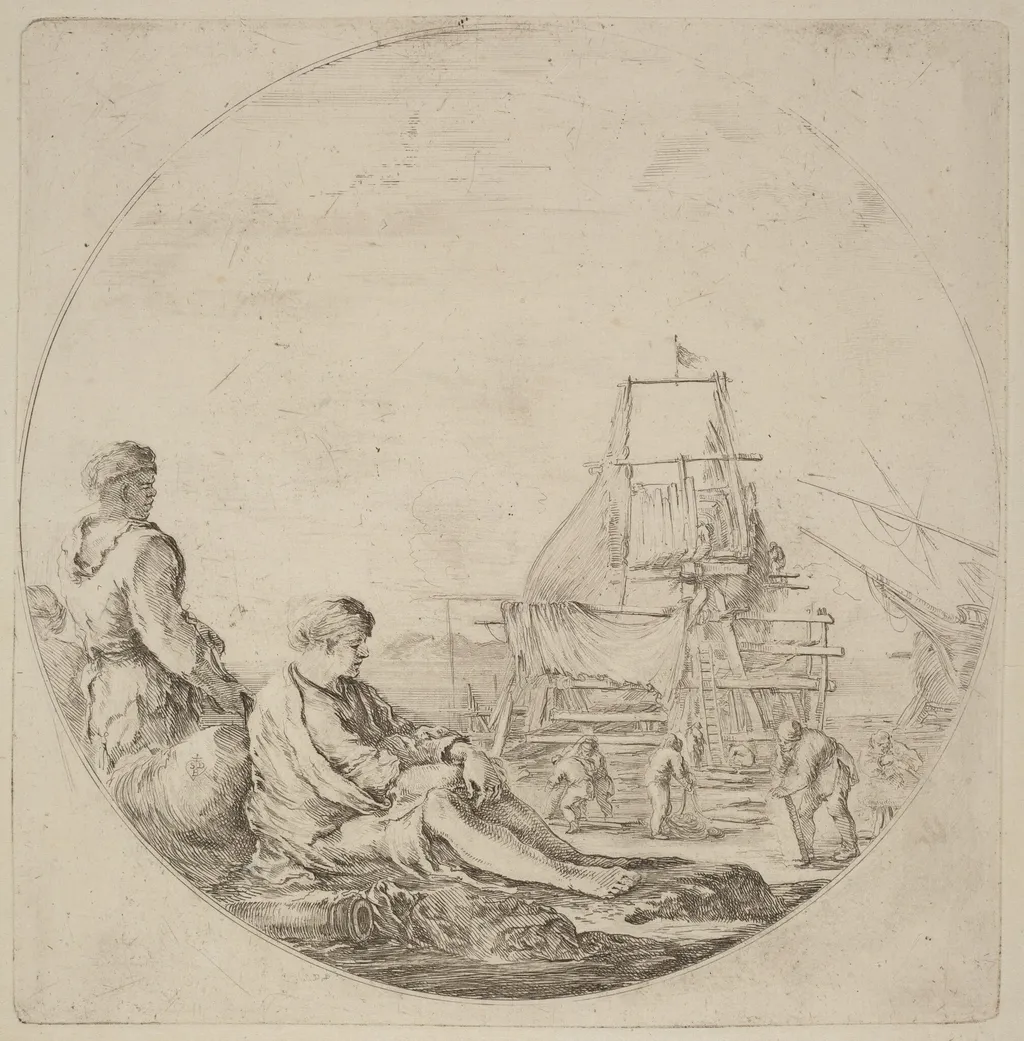 A Seated White Sailor and a Standing Black Sailor, by Stefano Della Bella, ink, 1637