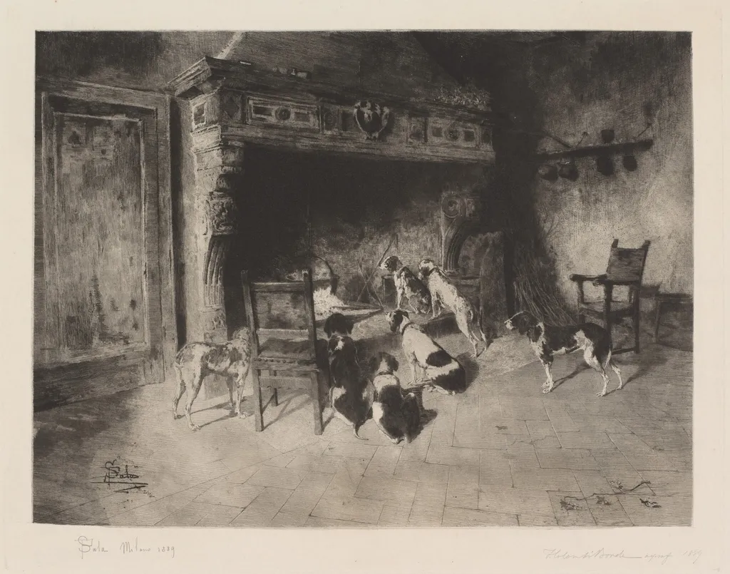 Hunting Dogs (Cani di caccia), by Francesco Colombi Borde, ink, 1889