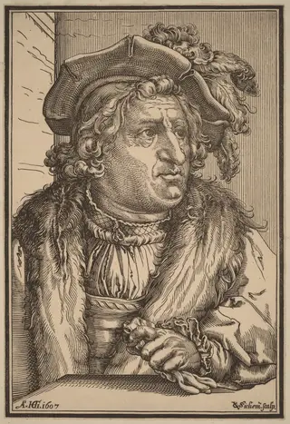 Man with a Plumed Cap, by Christoffel van Sichem I, ink, 1607