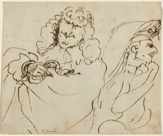 Caricature with Mola Protecting Himself from a Man Holding a Viper, by Pier Francesco Mola, ink, 1639