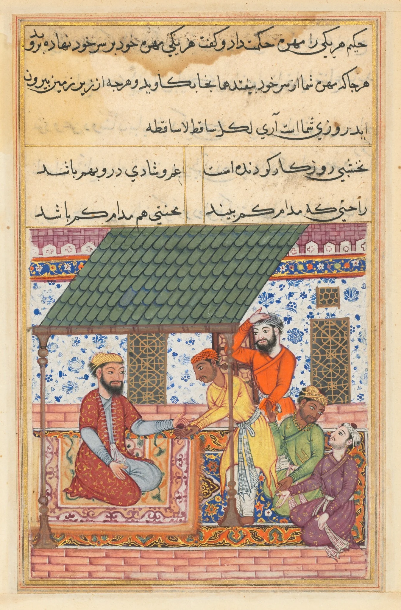 The four destitute friends go to a wise man who gives each one of them a magic shell to be placed on top of the turban, from a Tuti-nama (Tales of a Parrot): Forty-seventh Night, detail