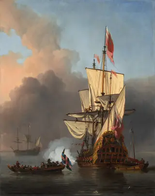 An English Warship Firing a Salute, by Willem van de Velde the Younger, oil, 1673