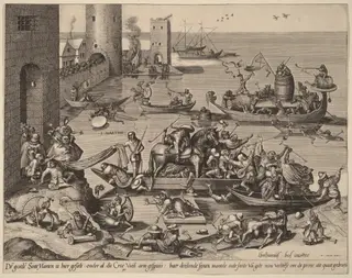 Saint Martin with His Horse in a Ship, by Lucas van Doetechum, ink, 1561