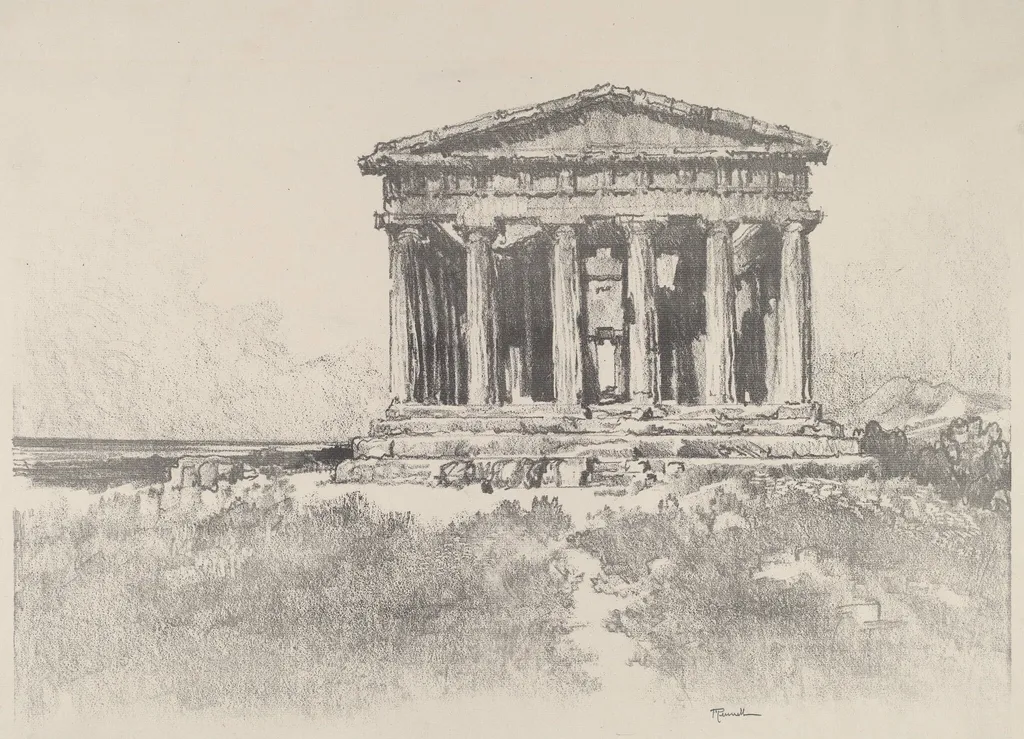 The Temple by the Sea, Temple of Concord, Girgenti, by Joseph Pennell, ink, 1913
