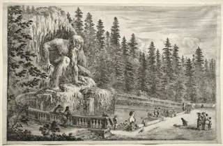 Views of the Villa of Pratolino:  Colossal Statue of the Apennines, by Stefano Della Bella, 1653