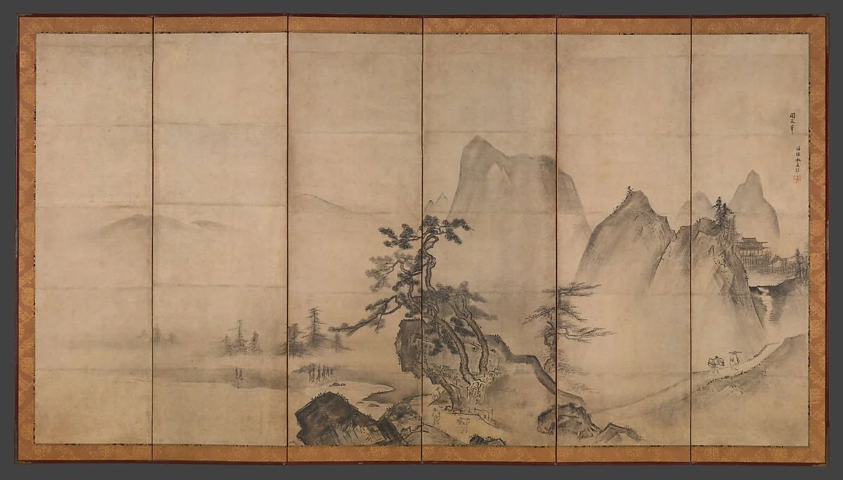 伝天章周文筆 山水図屏風|Mountain Landscape, detail