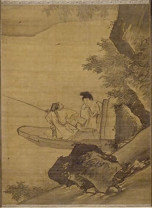 明 傳張路 溪畔漁家圖 軸|Fisherman and family, detail
