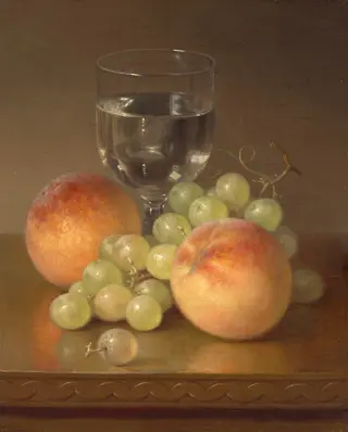 Still Life, Wineglass, Two Peaches, by Robert Spear Dunning, oil, 1867