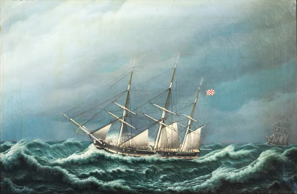To danske fregatter i en storm signalerer med hinanden, by Jacob Petersen, oil, 1833