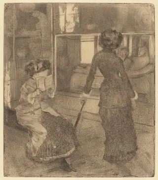 Mary Cassatt at the Louvre: The Etruscan Gallery, by Edgar Degas, ink, 1880