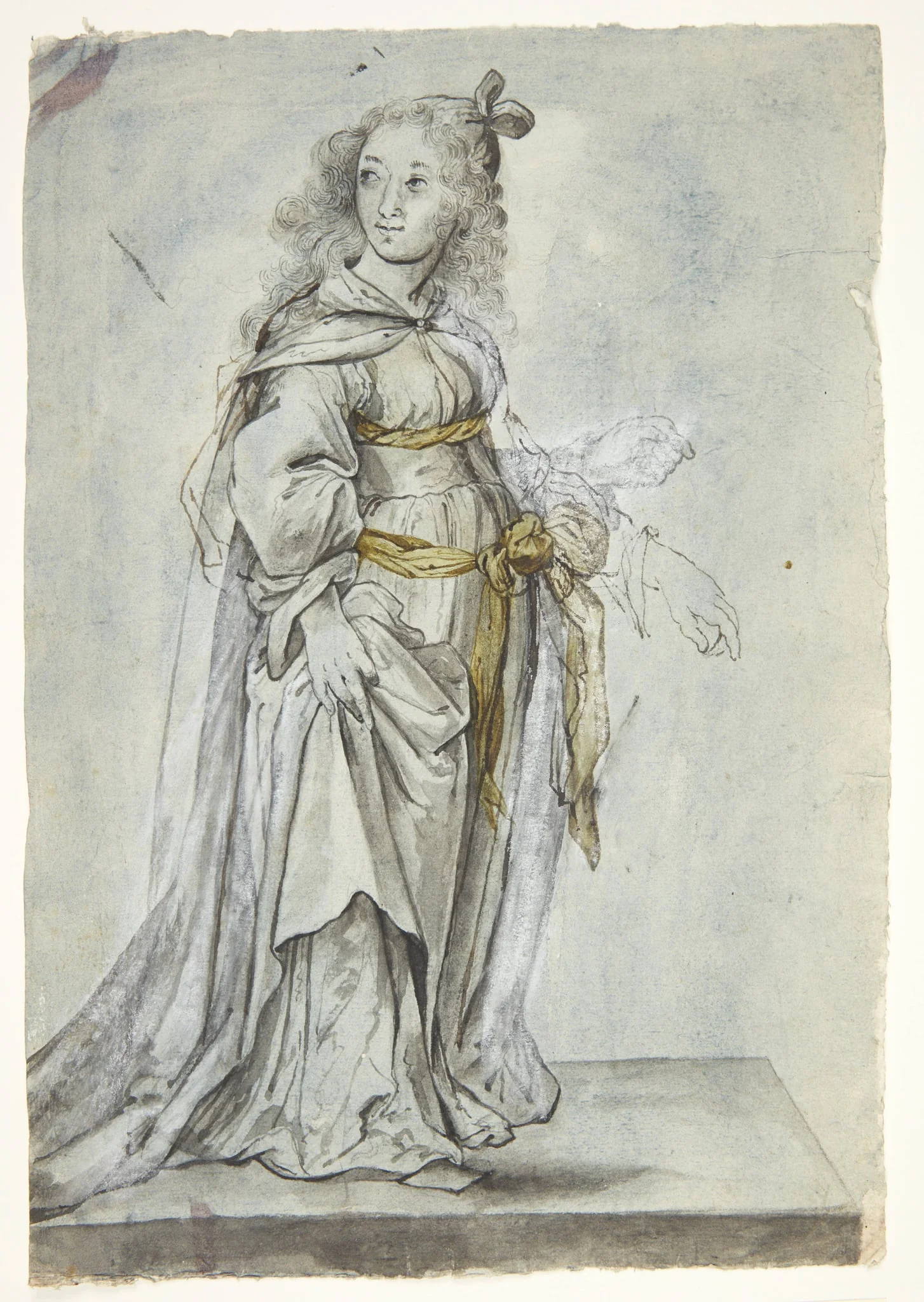 Allegorisk kvindefigur. Hele højre side af kroppens kontur er rettet. Kvindens venstre arm udsat for pentiménto, detail