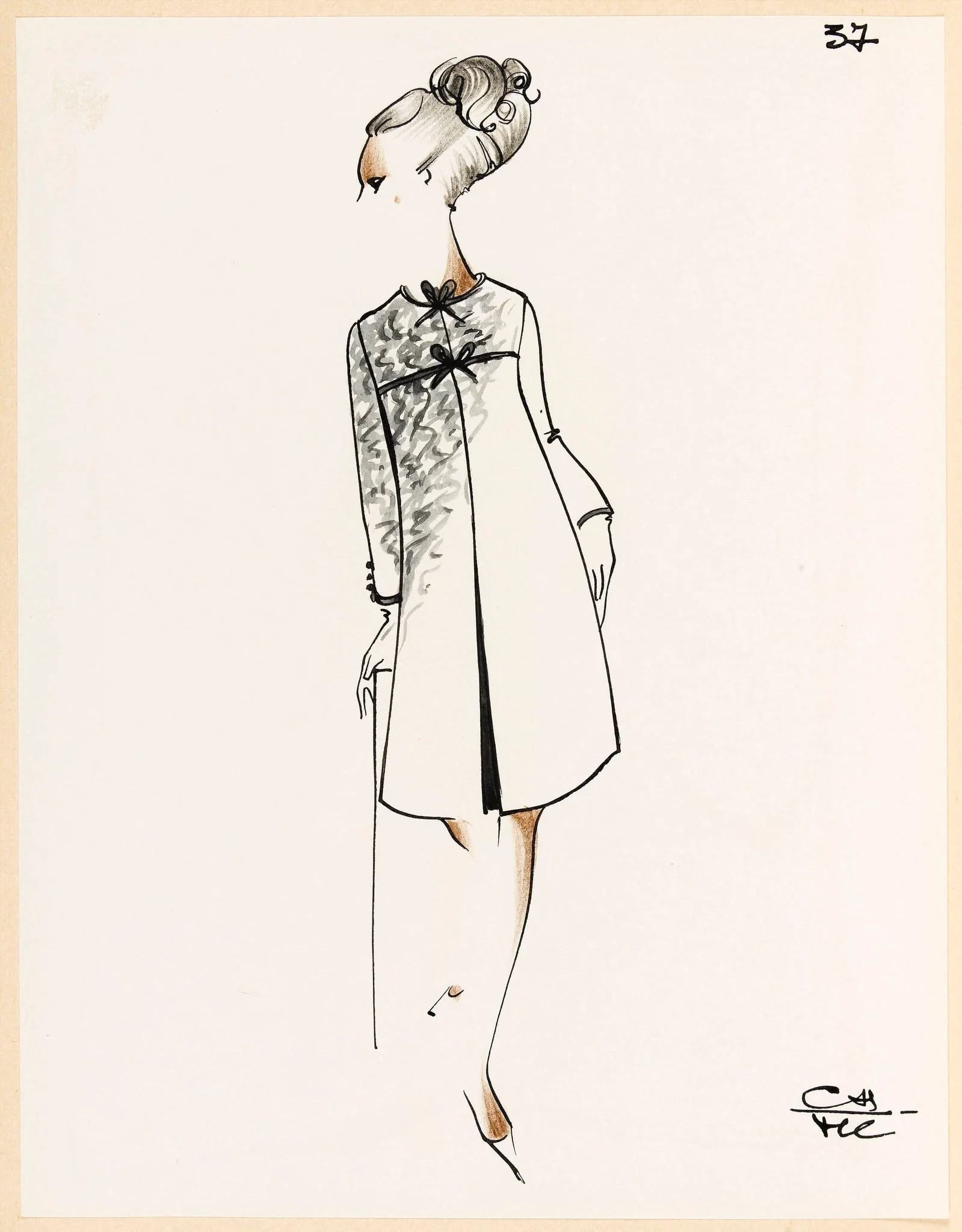 Manteau gris noué au col et sur la poitrine, detail