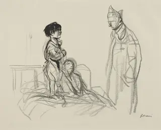 Mother and Child Visited by Soldier in Hospital, by Jean-Louis Forain, ink, 1916