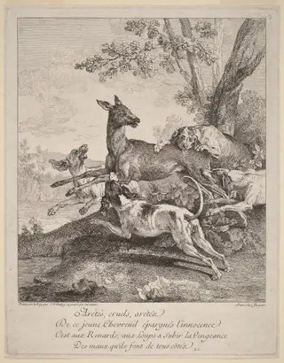 A Deer Attacked by Dogs, by Jean-Baptiste Oudry, ink, 1725