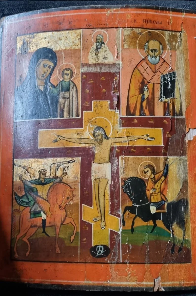 Răstignirea; Maica Domnului Kazanskaia; Sf. Nicolae; Sf. Arh. Mihail; Sf. Mucenic Dumitru, detail
