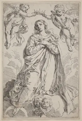 The Coronation of the Virgin, by Simone Cantarini, ink, 1630