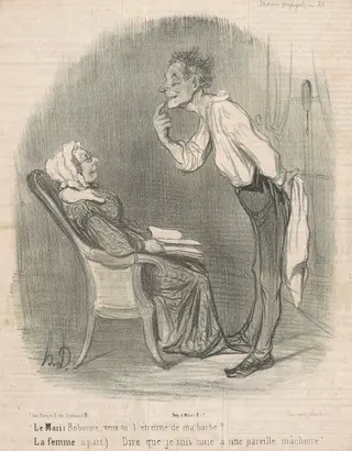 Le mari. Bobonne veux-tu l'étrenne de ma barbe?, by Honoré Daumier, ink, 1840