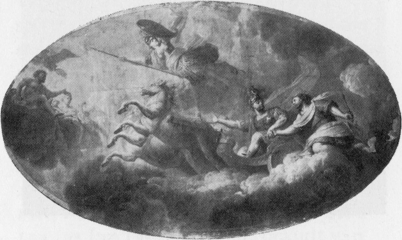 Plafondstuk met de apotheose van een vorst, die door Mars en Minerva tot Jupiter wordt gevoerd, detail