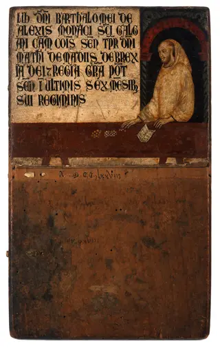 Cover of an account book of the Sienese tax authorities with the portrait of the treasurer, by Rinaldo da Siena, paint, 1290