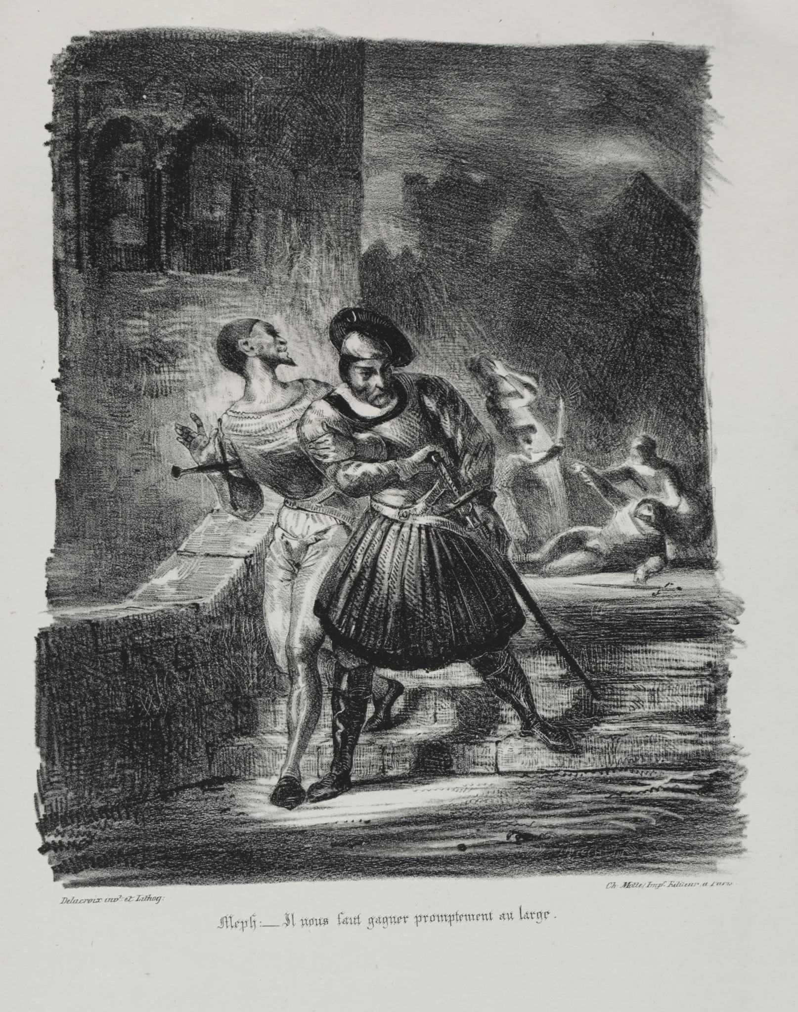Illustrations for Faust: Méphistophélés and Faust flee after the duel, detail