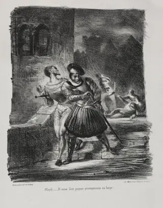 Illustrations for Faust:  Méphistophélés and Faust flee after the duel, by Eugène Delacroix, 1828