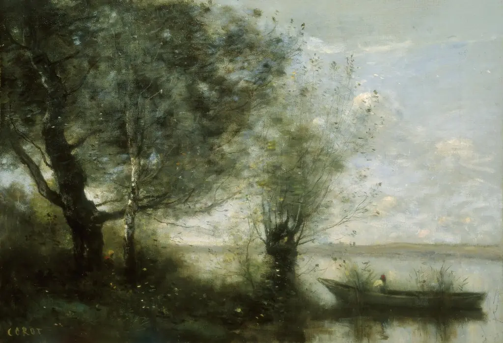 Landscape with a Boat, by Jean Baptiste Camille Corot, oil, 1862