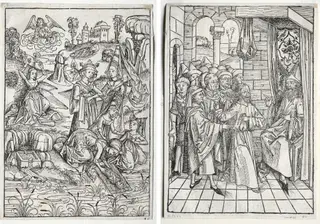 Der Schatzbehalter:  Moses Found by Pharaoh's Daughter (recto); Der Schatzbehalter:  Christ before Caiaphas (verso), by Michael Wolgemut, 1491