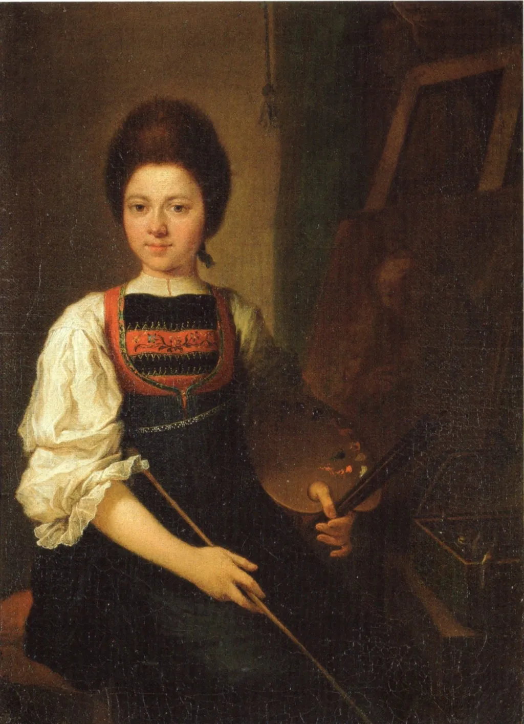 Self-Portrait in the Traditional Costume of the Bregenz Forest, Seated at her Easel, by Angelica Kauffmann, oil, 1763