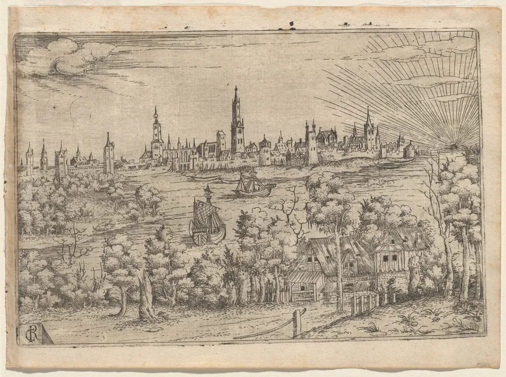 View across a River to a Walled City at Sunset, by Master CR, ink, 1544