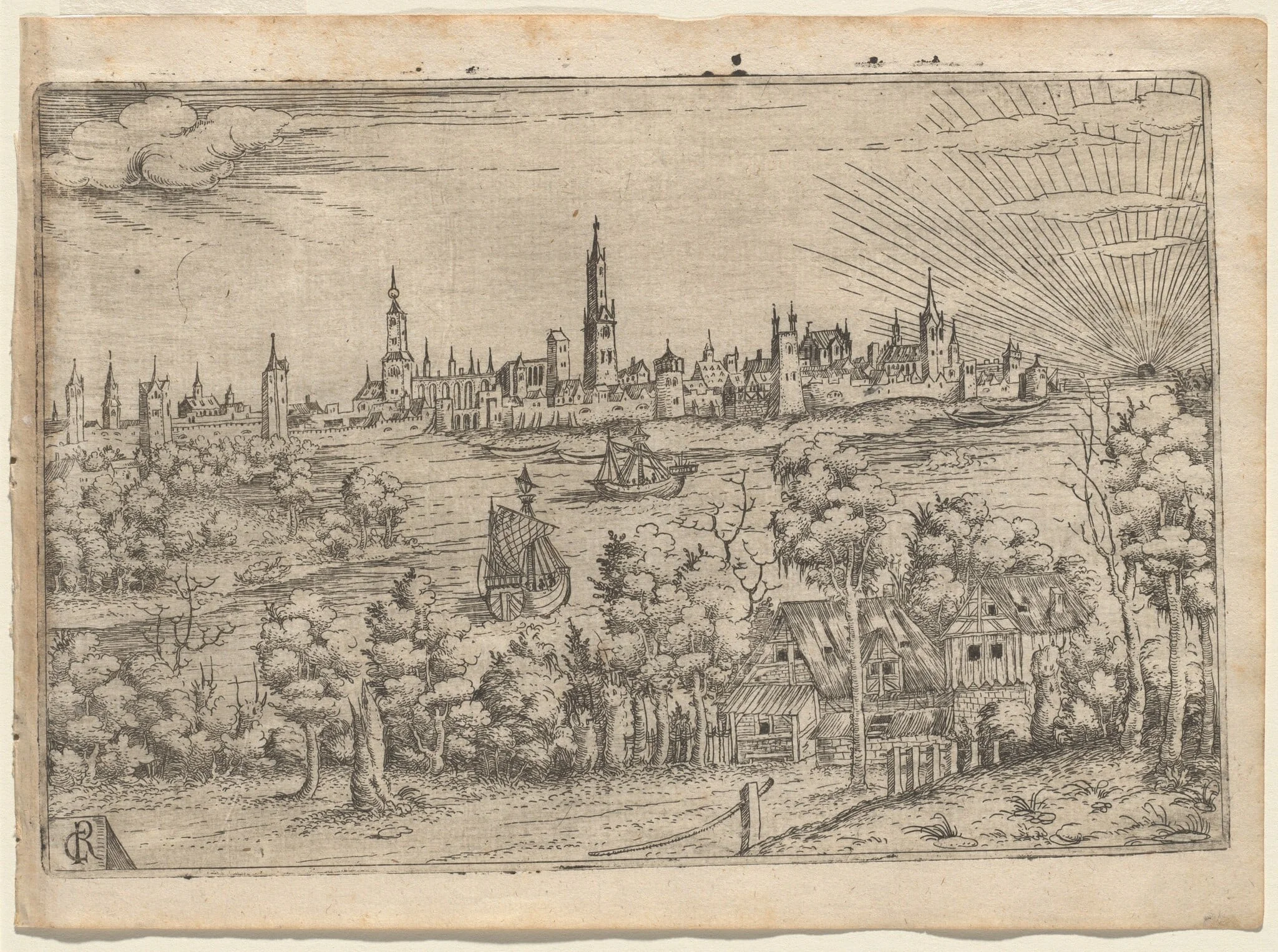 View across a River to a Walled City at Sunset, detail