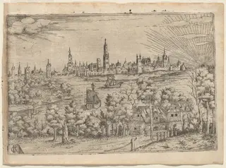 View across a River to a Walled City at Sunset, by Master CR, ink, 1544