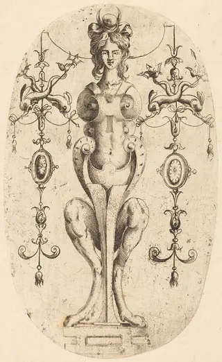 Sphinx Wearing a Crescent on Her Head, by Jean Mignon, ink