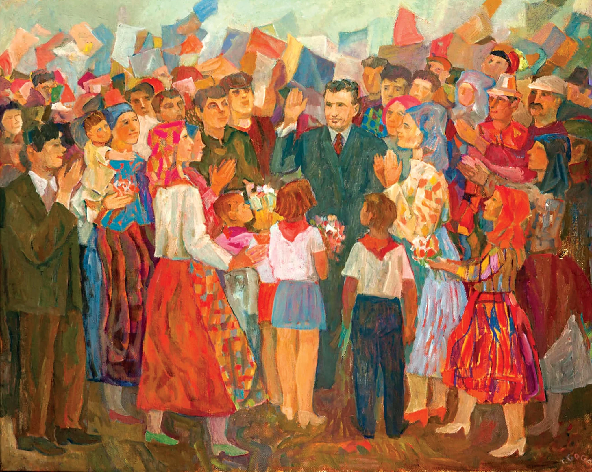 Tablou, ulei pe pânză, „Moment de sărbătoare bihoreană”, semnat T. Goga în partea dreaptă jos. Nicolae Ceaușescu este reprezentat în mijlocul oamenilor munci și al tinerilor din județul Bihor care-l întâmpină cu flori și aplauze. Comandat de Comitetul Județean de Partid Bihor,oferit lui Nicolae Ceaușescu în ianuarie 1978., detail