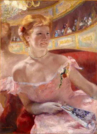 Woman with a Pearl Necklace in a Loge, by Mary Cassatt, oil, 1890