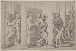 Saints Peter and John Healing the Lame Man at the Golden Gate, by Parmigianino, ink, 1528