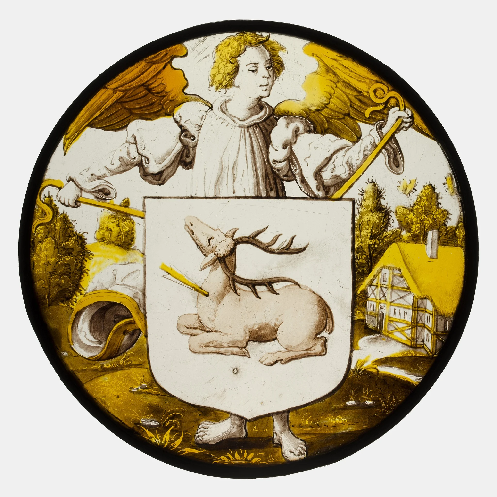Roundel with Angel Supporting a Heraldic Shield, detail