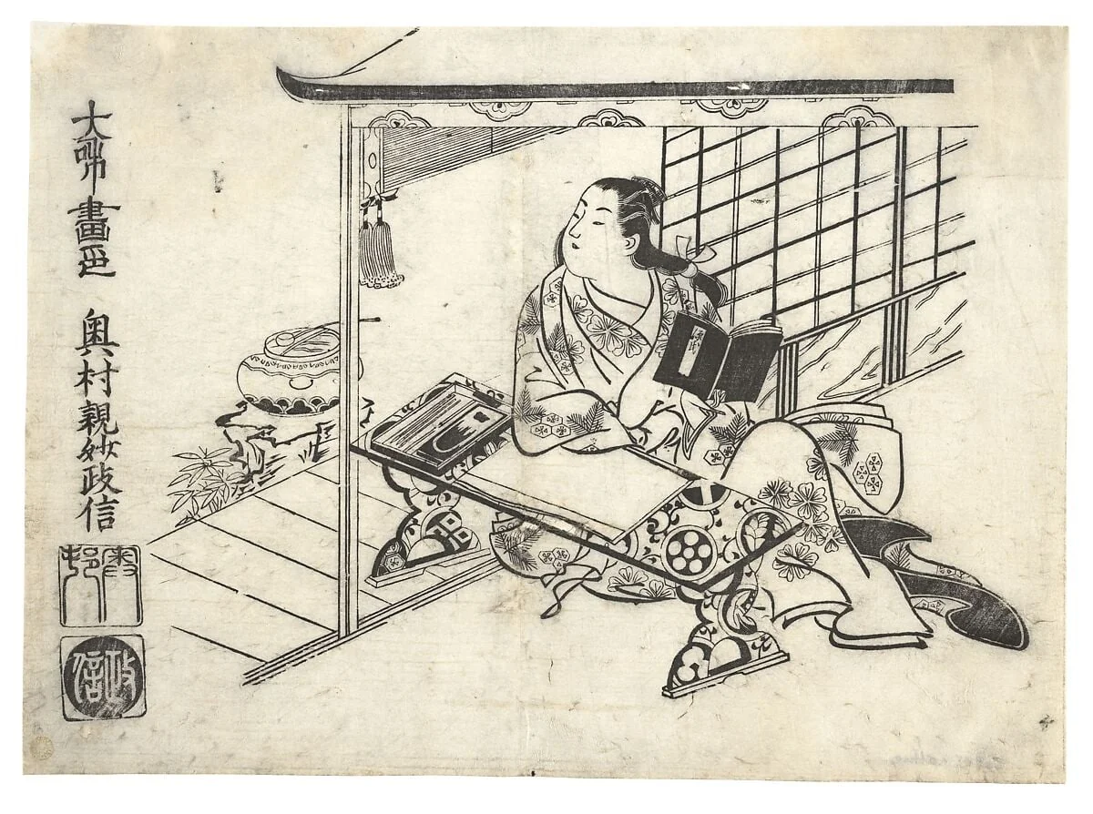 奥村政信画 見立紫式部図|Parody of Murasaki Shikibu at Her Desk, detail