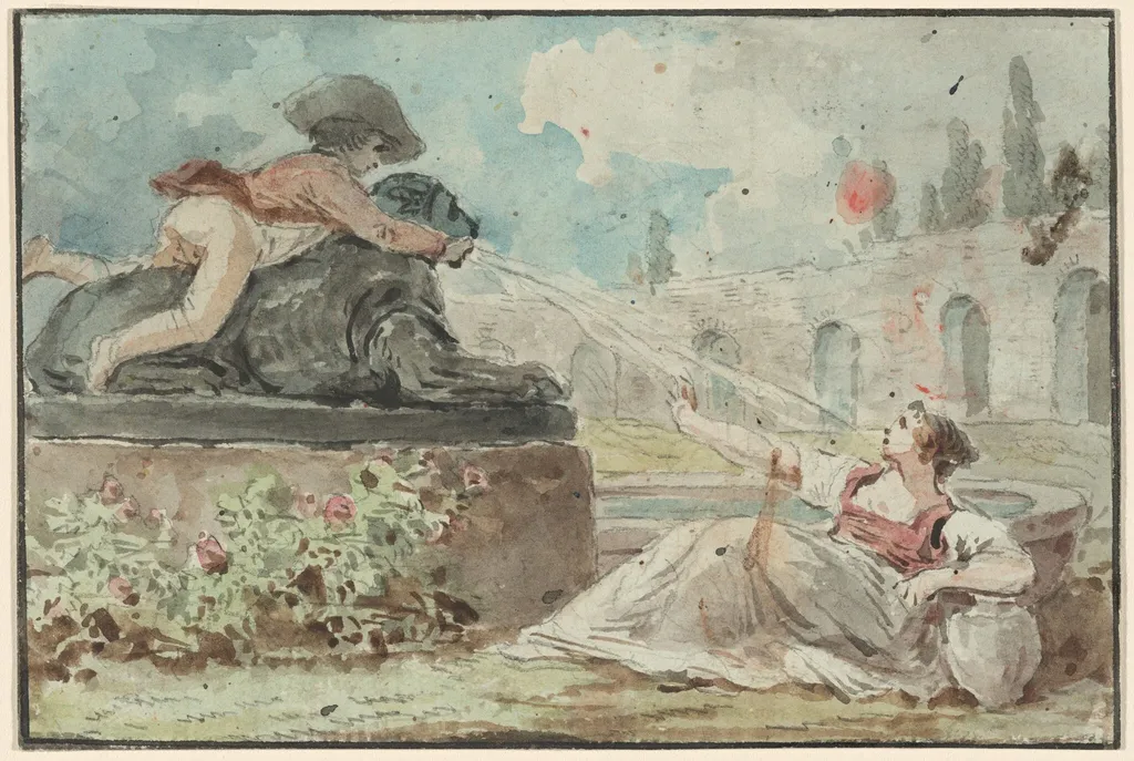 Couple by a Fountain, by Hubert Robert, watercolor, 1770