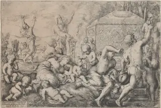 Bacchanal with Altar, Faun, and Silenus, by Giovanni Andrea Podesta, ink, 1640