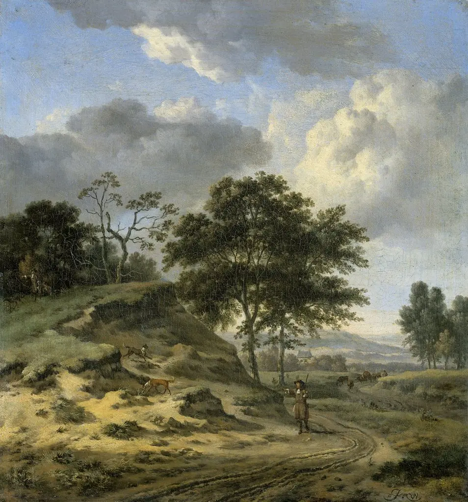 Landscape with two Hunters, by Jan Wijnants, oil, 1669