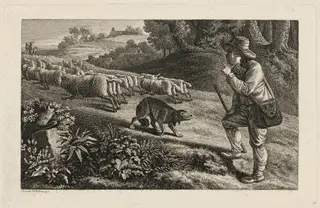 A Shepherd Scolding His Dog for Letting His Sheep Run Away, by Heinrich Carl Reinhold, ink, 1816