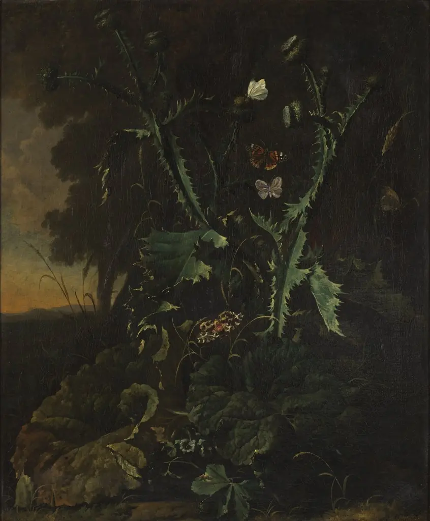 Still life with thistles and butterflies, by Abraham Begeyn, oil, 1677