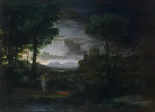 Landscape with Jacob Wrestling with the Angel (Night), by Claude Lorrain, oil, 1672